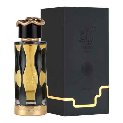 Butelka perfum o pojemności 100 ml z napisem "Lattafa Teriaq Intense" ma złote detale i ozdobne wieczko w kształcie węża, obok niej znajduje się czarne pudełko z tym samym napisem.