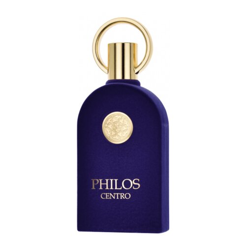 Fioletowy flakon perfum z okrągłym złotym korkiem i złotym emblematem na środku. Na flakonie widnieje napis "PHILOS CENTRO".