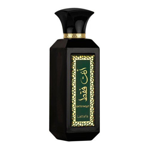 Czarny flakon perfum o prostokątnym kształcie z ozdobnym złotym wzorem i zieloną etykietą, na której widnieje napis "ENTE FAQAT" oraz "Lattafa". Korek flakonu jest czarny z delikatnym złotym akcentem.