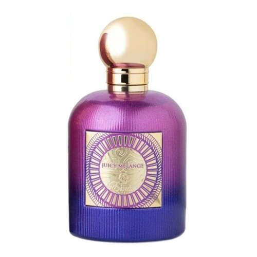 Fioletowo-niebieska butelka perfum z okrągłym, złotym korkiem, na której znajduje się złota etykieta z napisem "Juicy Melange" oraz "Emir".