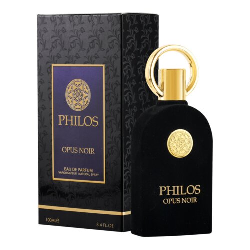 Czarne opakowanie z wzorem roślinnym zawiera złote napisy: "PHILOS OPUS NOIR EAU DE PARFUM VAPORISATEUR - NATURAL SPRAY 100ML E 3.4 FL.OZ". Obok stoi czarny flakon z okrągłym złotym korkiem i złotym emblematem, na którym widnieje napis "PHILOS OPUS NOIR".