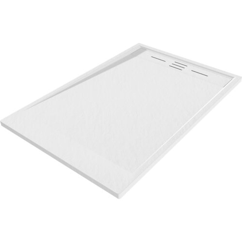 Biały, prostokątny brodzik o gładkiej powierzchni z widocznymi liniami odpływowymi na jednym z krótszych boków. Produkt ma minimalistyczny design i jest wykonany z materiału SMC.