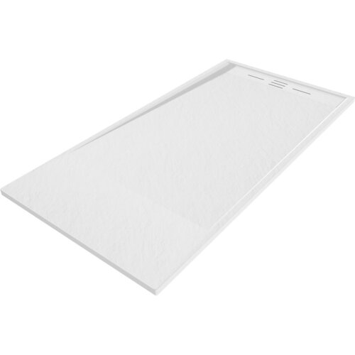 Biały, prostokątny brodzik o gładkiej powierzchni z delikatnym wzorem, z widocznym odpływem liniowym na jednym z krótszych boków. Produkt ma minimalistyczny design i jednolitą kolorystykę.