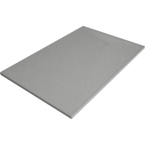 Szary, prostokątny brodzik o gładkiej powierzchni z delikatną teksturą, z widocznym kwadratowym otworem odpływowym. Produkt ma wymiary 100 x 80 cm.