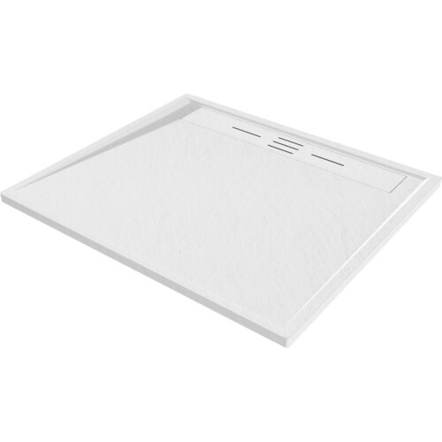 Biały, prostokątny brodzik z gładką powierzchnią i wbudowanym odpływem liniowym. Produkt ma wymiary 100 x 90 cm.