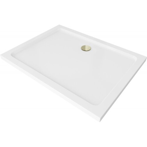 Biały, prostokątny brodzik o smukłej konstrukcji z widocznym złotym syfonem na powierzchni. Produkt ma gładkie krawędzie i minimalistyczny design.