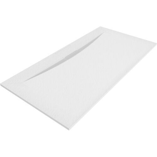 Biały, prostokątny brodzik o gładkiej powierzchni z delikatnym wgłębieniem i otworem odpływowym. Produkt wykonany z materiału SMC, o wymiarach 180 x 80 cm.