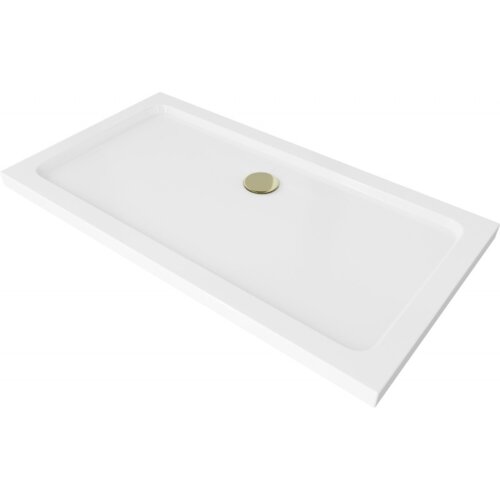 Biały, prostokątny brodzik o smukłej konstrukcji z widocznym złotym syfonem na powierzchni. Produkt ma gładkie krawędzie i minimalistyczny design.