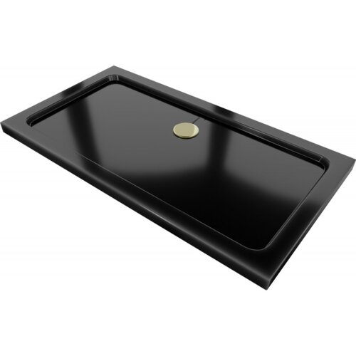 Czarny, prostokątny brodzik o smukłej konstrukcji z widocznym złotym syfonem na powierzchni. Produkt ma gładkie wykończenie i minimalistyczny design.