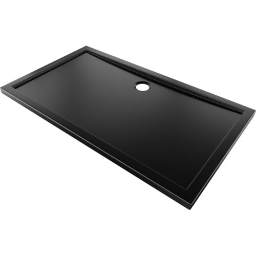 Czarny matowy brodzik prostokątny o wymiarach 160 x 90 cm z widocznym otworem odpływowym. Produkt ma smukły profil i gładką powierzchnię.