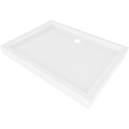 Biały, prostokątny brodzik o błyszczącej powierzchni z widocznym otworem odpływowym. Produkt ma gładkie krawędzie i minimalistyczny design.