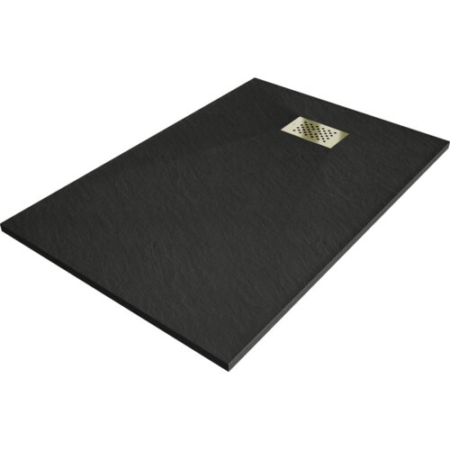 Czarny, prostokątny brodzik z teksturą przypominającą kamień, z widoczną złotą maskownicą odpływu. Produkt ma minimalistyczny design i gładkie krawędzie.