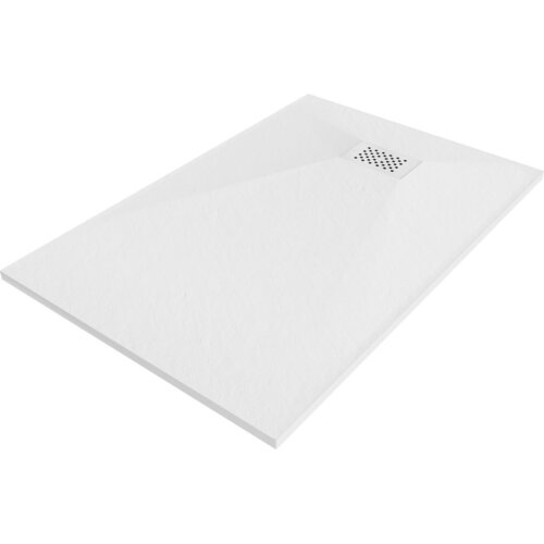 Biały, prostokątny brodzik z delikatną fakturą powierzchni, posiada kwadratowy odpływ z maskownicą z otworami. Produkt ma wymiary 100 x 90 cm.