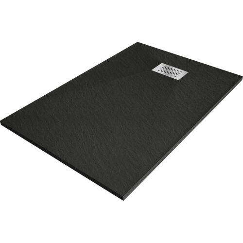 Czarny, prostokątny brodzik z teksturą przypominającą kamień, z widoczną maskownicą inox w jednym z rogów. Produkt ma wymiary 100 x 80 cm.