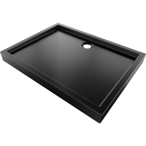 Czarny matowy brodzik prostokątny o wymiarach 120 x 80 cm z widocznym otworem odpływowym. Produkt ma gładką powierzchnię i podniesione krawędzie.