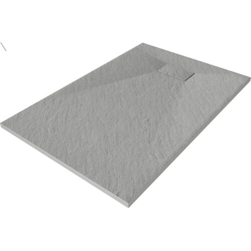 Szary, prostokątny brodzik o teksturowanej powierzchni z widocznym kwadratowym odpływem. Produkt to "Mexen Hugo brodzik prostokątny SMC 110 x 90 cm, szary - 42619011".