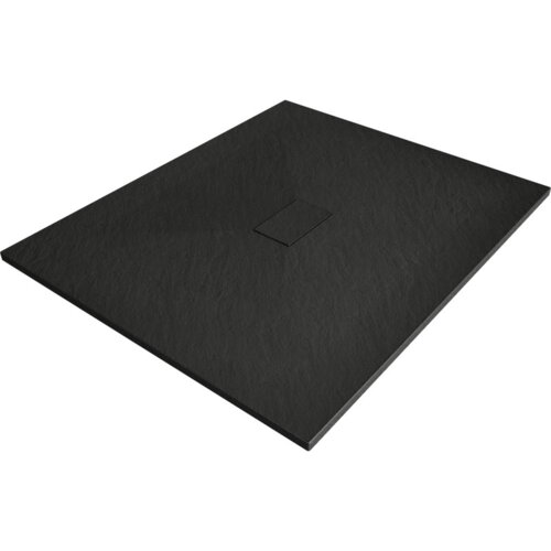 Czarny, prostokątny brodzik o teksturowanej powierzchni z centralnie umieszczonym odpływem. Produkt ma wymiary 110 x 100 cm.