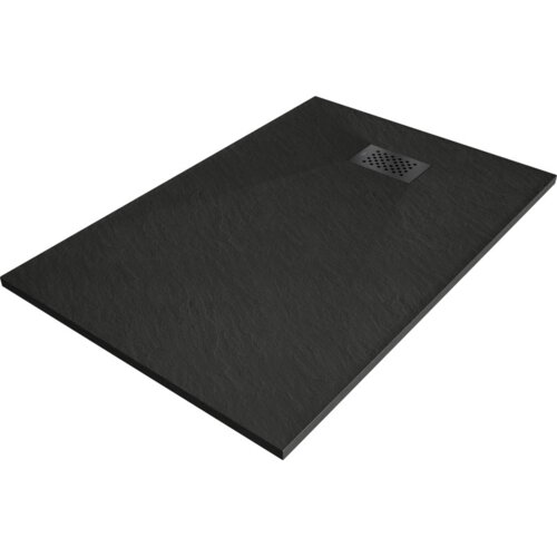 Czarny, prostokątny brodzik z teksturą przypominającą kamień, z widoczną czarną maskownicą odpływu. Produkt ma wymiary 130 x 80 cm.
