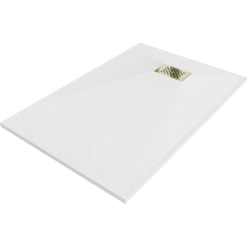 Biały, prostokątny brodzik z gładką powierzchnią i złotą maskownicą odpływu. Produkt ma minimalistyczny design i jest wykonany z materiału SMC.