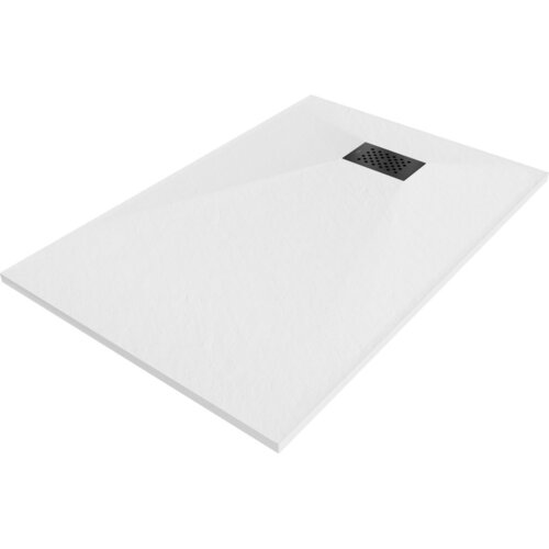 Biały, prostokątny brodzik z czarną maskownicą w rogu, o gładkiej powierzchni. Produkt to "Mexen Hugo brodzik prostokątny SMC 130 x 70 cm, biały, maskownica czarna - 42107013-B".