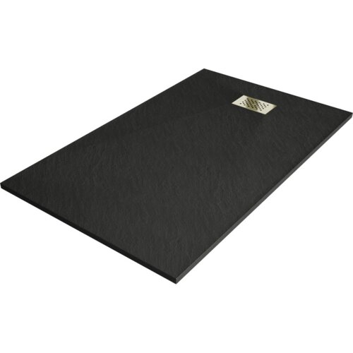 Czarny, prostokątny brodzik z teksturą, z widoczną złotą maskownicą odpływu. Produkt ma minimalistyczny design i gładką powierzchnię.