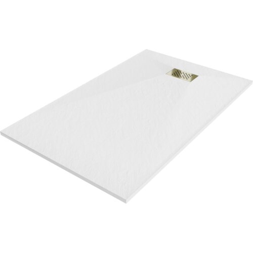 Biały, prostokątny brodzik z delikatną fakturą powierzchni, wyposażony w złotą maskownicę odpływu. Produkt ma wymiary 150 x 80 cm.