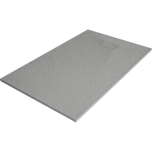 Prostokątny, szary brodzik o teksturowanej powierzchni, z widocznym prostokątnym otworem odpływowym. Produkt wykonany z materiału SMC, o wymiarach 150 x 70 cm.