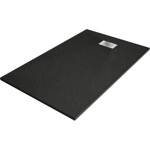 Czarny, prostokątny brodzik z teksturą, z widoczną maskownicą inox w jednym z rogów. Produkt to "Mexen Hugo brodzik prostokątny SMC 150 x 90 cm, czarny, maskownica inox - 42709015-X".