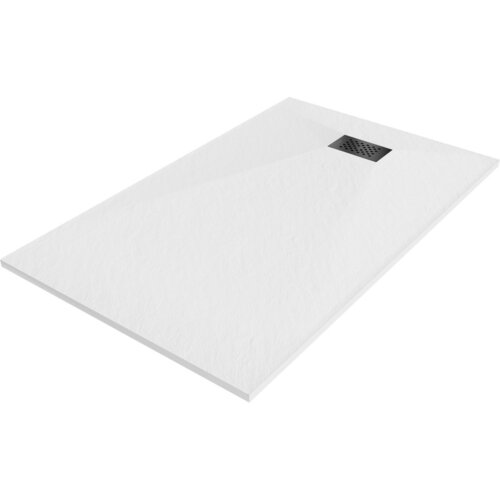 Biały, prostokątny brodzik z czarną maskownicą w rogu, o gładkiej powierzchni. Produkt to "Mexen Hugo brodzik prostokątny SMC 150 x 80 cm, biały, maskownica czarna - 42108015-B".