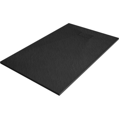 Czarny, prostokątny brodzik o teksturowanej powierzchni, z widocznym otworem odpływowym. Produkt ma wymiary 150 x 80 cm.