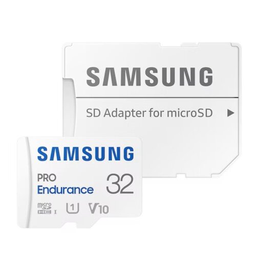 Na zdjęciu znajduje się karta pamięci z napisem "SAMSUNG PRO Endurance 32" oraz adapter z napisem "SAMSUNG SD Adapter for microSD". Oba elementy są w kolorze białym z niebieskimi i szarymi napisami.