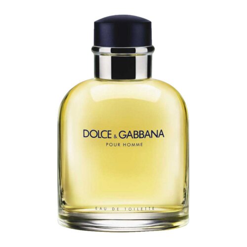 Przedstawiono flakon perfum z przezroczystego szkła, wypełniony żółtawym płynem, z ciemnym korkiem. Na butelce widnieje napis "DOLCE & GABBANA POUR HOMME" oraz "EAU DE TOILETTE".