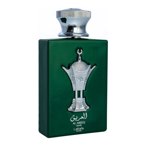 Zielona butelka perfum z metalicznym, ozdobnym emblematem na froncie i srebrnym korkiem. Na dole widnieje napis: "AL AREEQ SILVER Lattafa PRIDE".