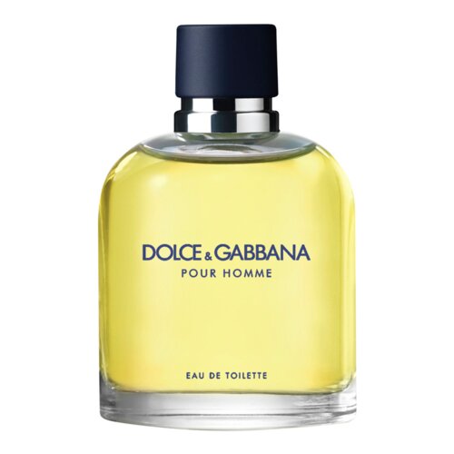 Butelka perfum z przezroczystego szkła wypełniona żółtawym płynem, z ciemnym korkiem. Na butelce widnieje napis: "DOLCE & GABBANA POUR HOMME EAU DE TOILETTE".