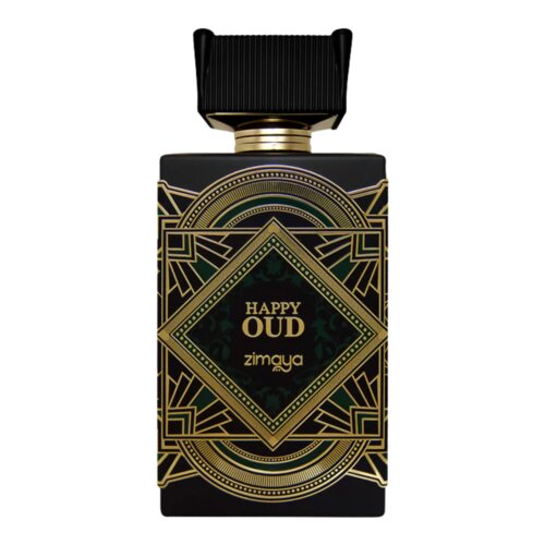 Czarny flakon perfum z ozdobnym złotym wzorem geometrycznym, na którym widnieje napis "HAPPY OUD zimaya". Korek flakonu jest czarny i ma żebrowaną strukturę.