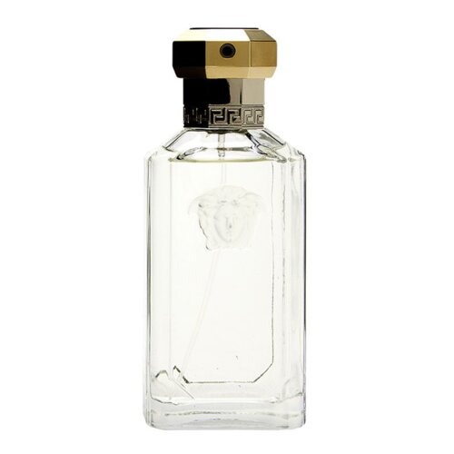 Przezroczysta butelka perfum z ozdobnym korkiem w kolorze złotym i srebrnym, na której widnieje wytłoczony motyw głowy Meduzy. Na szyjce butelki znajduje się grecki wzór meander.