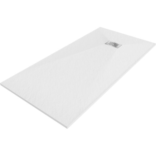 Biały, prostokątny brodzik z delikatną fakturą powierzchni, posiada centralnie umieszczoną maskownicę ze stali nierdzewnej. Produkt ma minimalistyczny design i gładkie krawędzie.