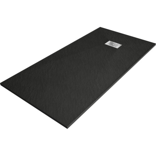Czarny, prostokątny brodzik z teksturą, z widoczną maskownicą inox w kształcie kwadratu z otworami. Produkt ma wymiary 180 x 80 cm.
