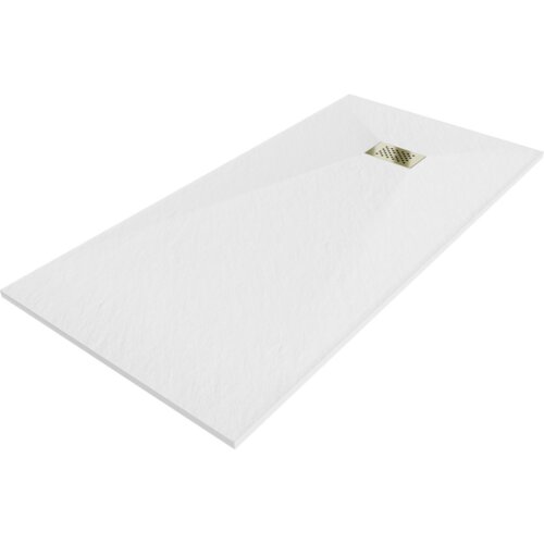 Biały, prostokątny brodzik z teksturowaną powierzchnią i złotą maskownicą odpływu. Produkt ma wymiary 180 x 80 cm.