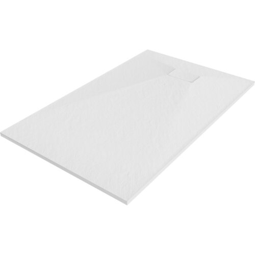 Biały, prostokątny brodzik o gładkiej powierzchni z delikatnym wzorem, z widocznym otworem odpływowym w jednym z rogów. Produkt ma minimalistyczny design i jednolitą kolorystykę.