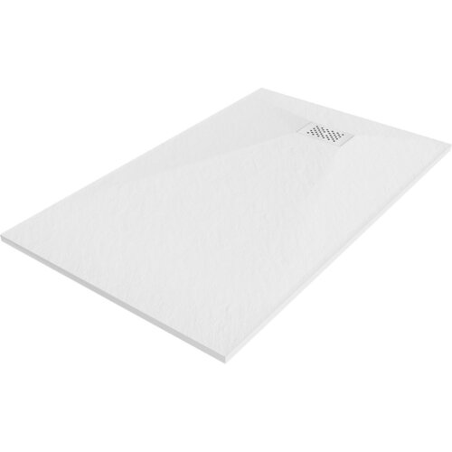 Biały, prostokątny brodzik z delikatną fakturą powierzchni, posiada kwadratowy odpływ z maskownicą. Produkt ma wymiary 160 x 80 cm.