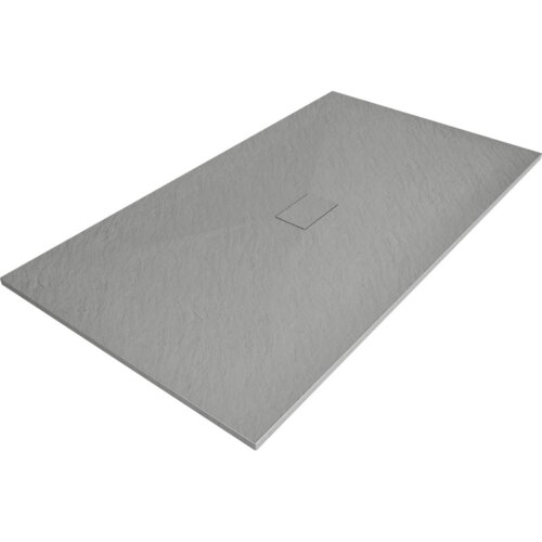 Szary, prostokątny brodzik o teksturowanej powierzchni z centralnie umieszczonym odpływem. Produkt ma wymiary 170 x 100 cm.
