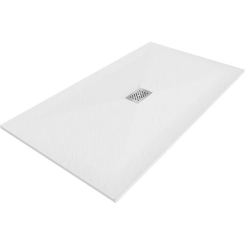 Biały, prostokątny brodzik z centralnie umieszczoną maskownicą inox, o gładkiej powierzchni. Produkt ma minimalistyczny design i jednolitą kolorystykę.