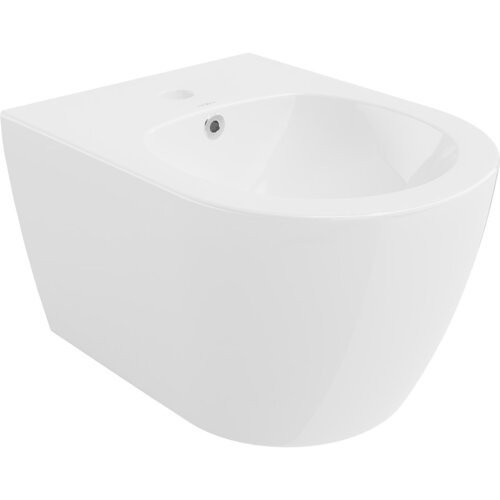 Biały, wiszący bidet o nowoczesnym, zaokrąglonym kształcie z widocznym otworem na baterię i odpływem. Na powierzchni znajduje się subtelne logo "Mexen".