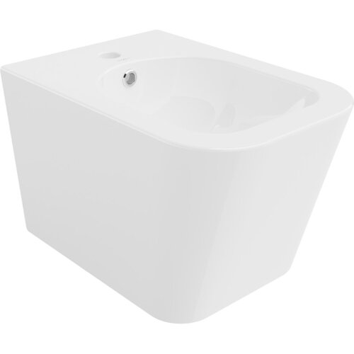 Biały, wiszący bidet o prostokątnym kształcie z zaokrąglonymi krawędziami, z widocznym otworem na baterię i odpływem. Na powierzchni znajduje się napis "MEXEN".