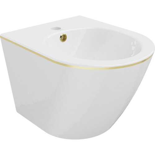 Biały, wiszący bidet z delikatnym złotym akcentem na krawędzi, z widocznym otworem na baterię i odpływem. Na powierzchni znajduje się napis "Mexen".