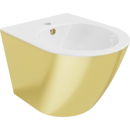 Biało-złoty wiszący bidet o gładkiej, zaokrąglonej formie z otworem na baterię i odpływem. Powierzchnia zewnętrzna jest złota, a wewnętrzna biała, co nadaje mu elegancki wygląd.