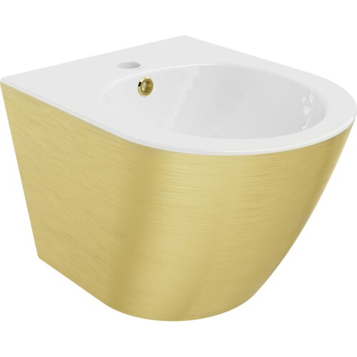 Na zdjęciu widoczny jest biały bidet wiszący z ozdobnym złotym wzorem w linie. Produkt ma gładką, błyszczącą powierzchnię i otwór na armaturę.