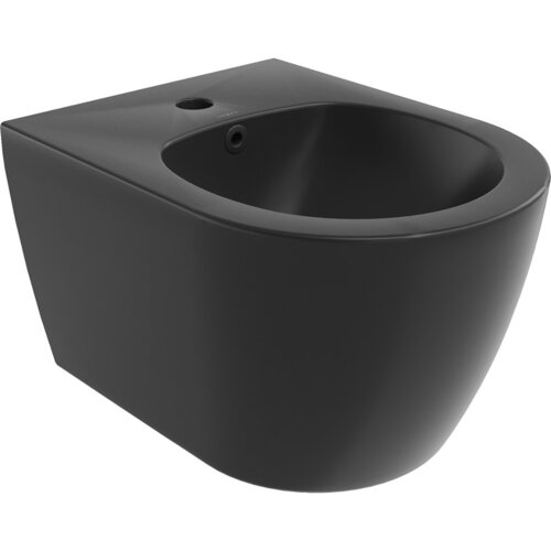 Czarny, matowy bidet wiszący o nowoczesnym designie, z otworem na baterię i otworem przelewowym. Na powierzchni widoczny jest napis "MEXEN".