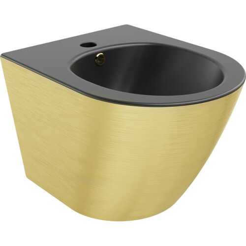 Czarny matowy bidet wiszący z widocznym złotym wzorem w linie na zewnętrznej powierzchni. Produkt ma gładką, zaokrągloną formę z otworem na armaturę.